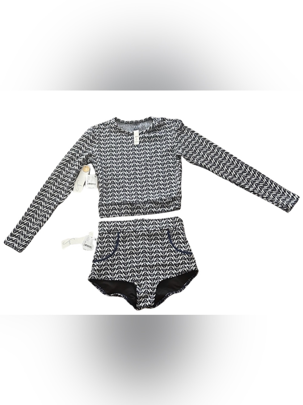 Seea Palomar Crop Rashguard & Retro Surf Bottom Set NWT | Navy/White Chevron | S